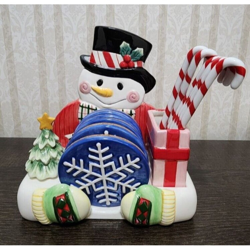 Fitz and Floyd Snow Family Coaster Set w/Stir Sticks Snowman Classic Candy Canes